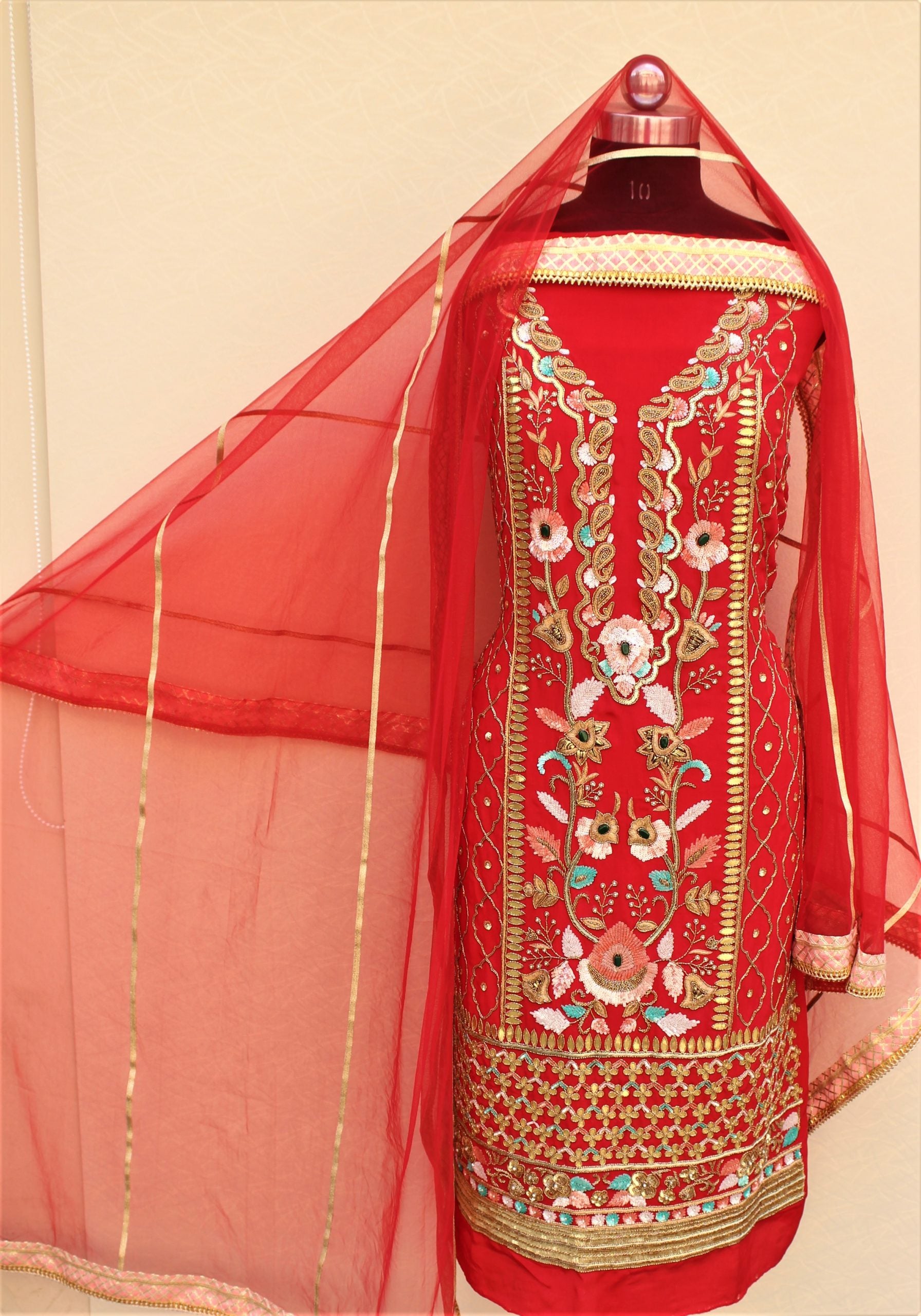 Red Hand Work Full Suit With Net Dupatta
