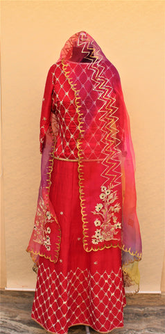 Red Lehenga Choli With Tie Dye Organza Dupatta