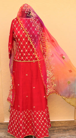 Red Lehenga Choli With Tie Dye Organza Dupatta