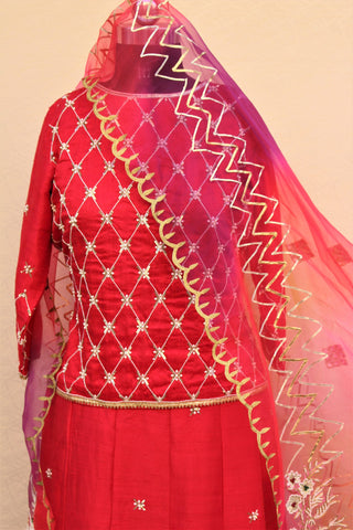 Red Lehenga Choli With Tie Dye Organza Dupatta