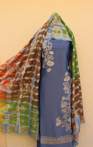 Blueish Gray Full Suit With Chinon Chiffon Tie Dye Dupatta