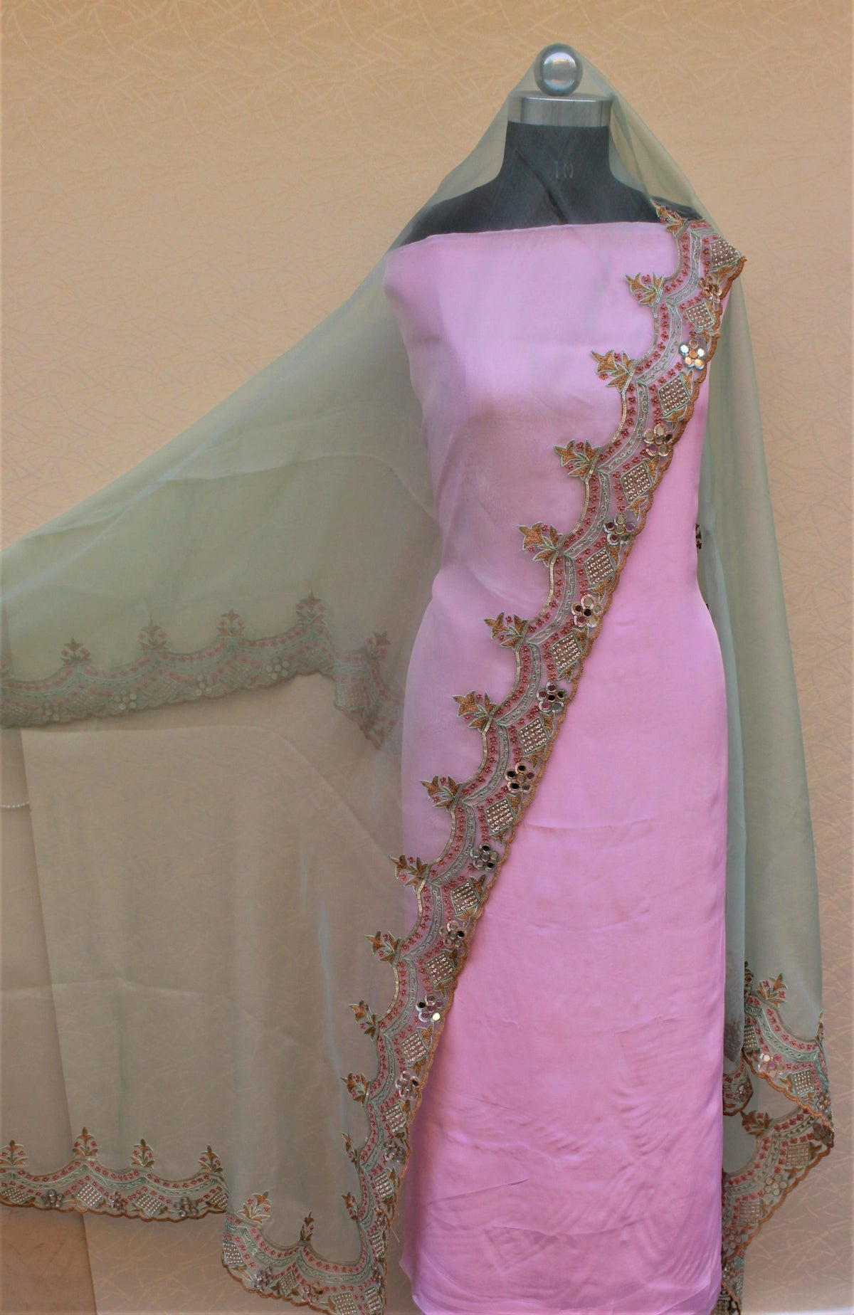 Light Sea Green Organza Hand Work Dupatta