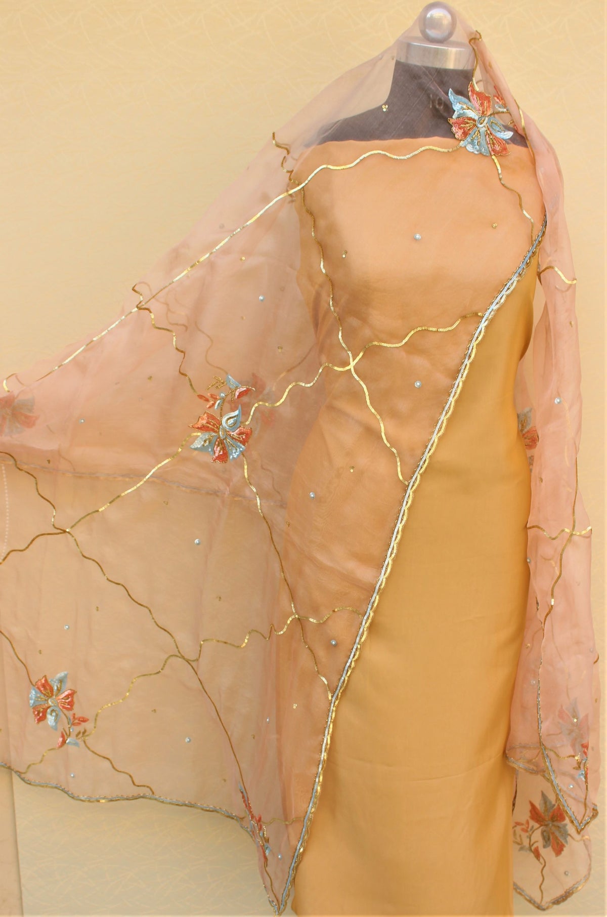 Light Pink Organza Hand Work Dupatta