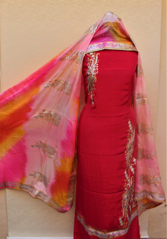 Cheery Colour Full Suit With Tabbi Silk Tie Dye Dupatta