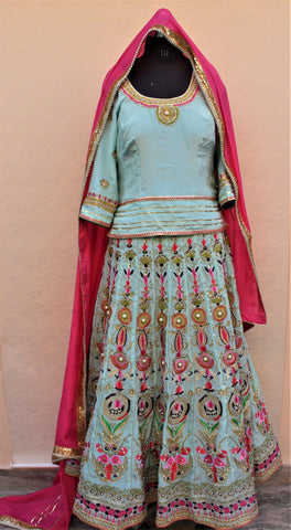 Firoji Lehenga Choli With Pink Chinon Chiffon Dupatta
