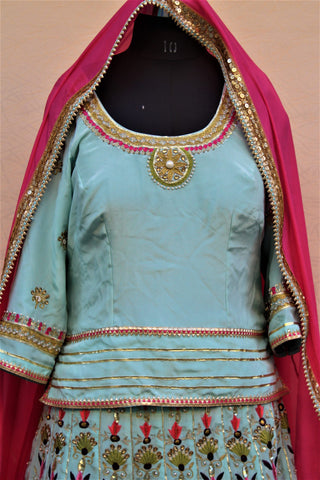 Firoji Lehenga Choli With Pink Chinon Chiffon Dupatta