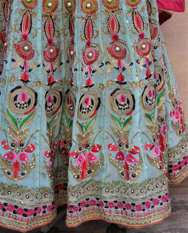 Firoji Lehenga Choli With Pink Chinon Chiffon Dupatta