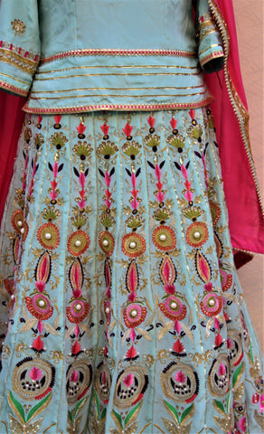 Firoji Lehenga Choli With Pink Chinon Chiffon Dupatta