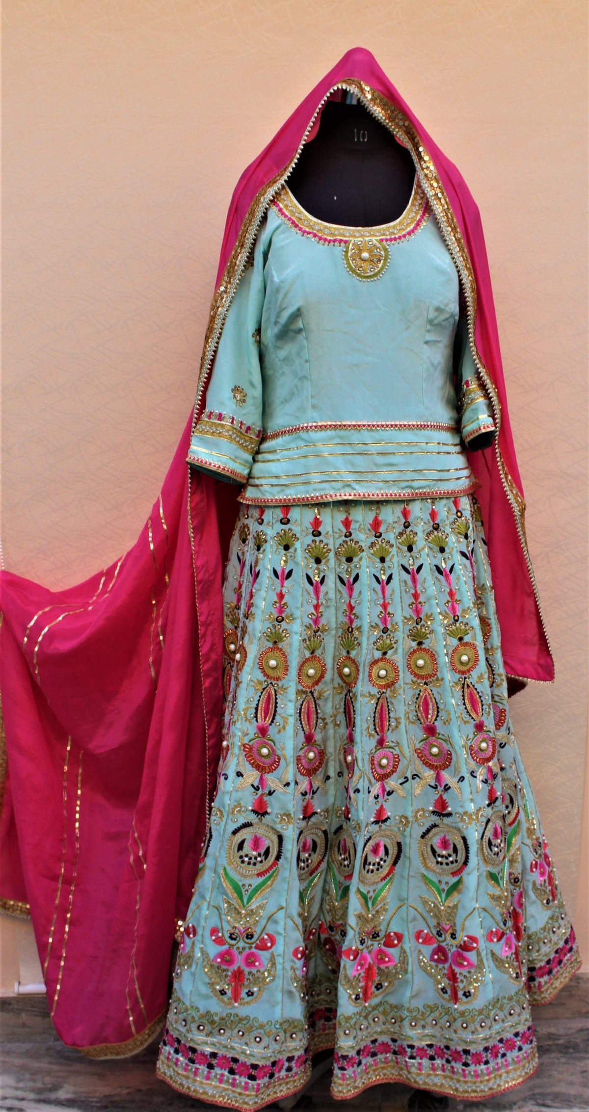 Firoji Lehenga Choli With Pink Chinon Chiffon Dupatta