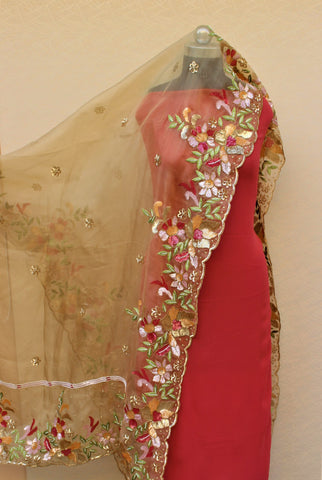 Golden Pure Organza Hand Work Dupatta