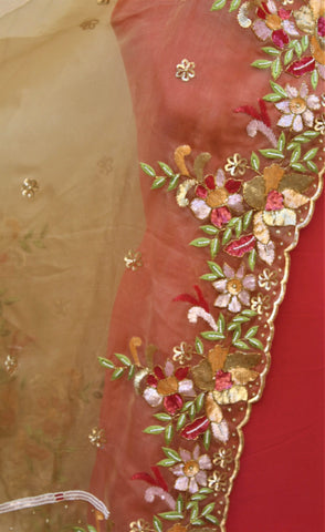Golden Pure Organza Hand Work Dupatta