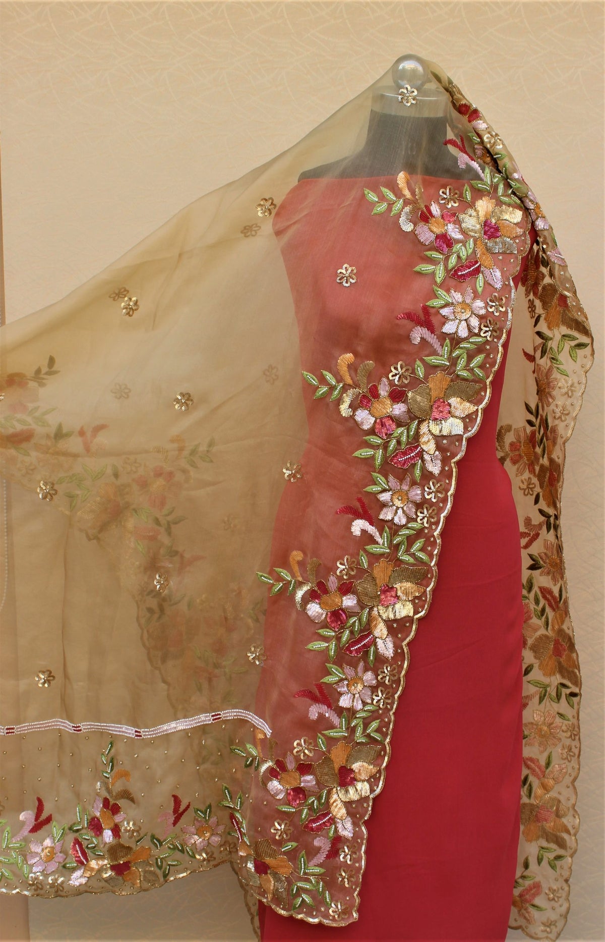 Golden Pure Organza Hand Work Dupatta