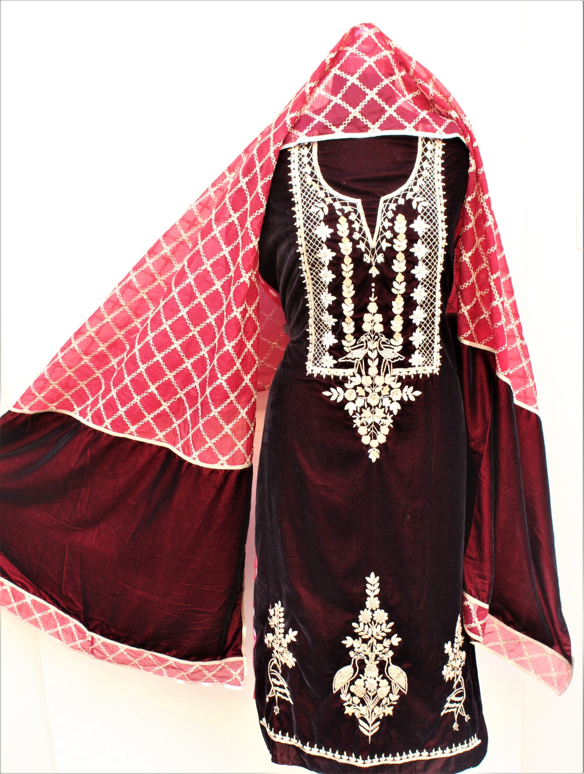 Maroon Full Suit With Organza and Velvet Mix Dupatta