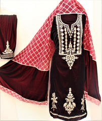 Maroon Full Suit With Organza and Velvet Mix Dupatta
