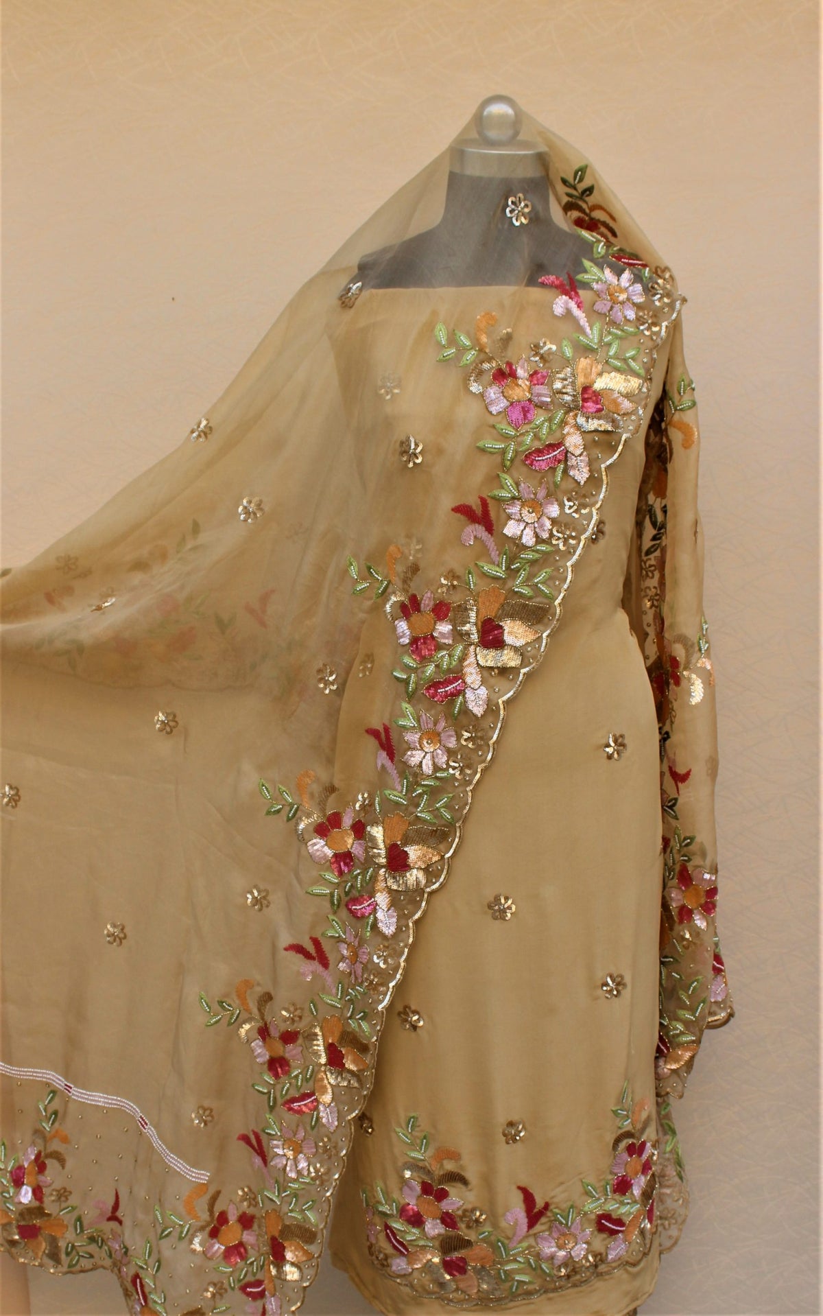 Beige Full Suit With Same Colour Organza Dupatta