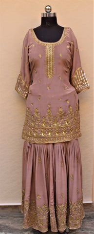Mouse Colour Garara Suit With Green Chinon Chiffon Dupatta