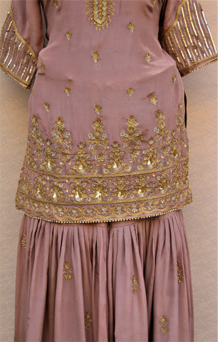 Mouse Colour Garara Suit With Green Chinon Chiffon Dupatta