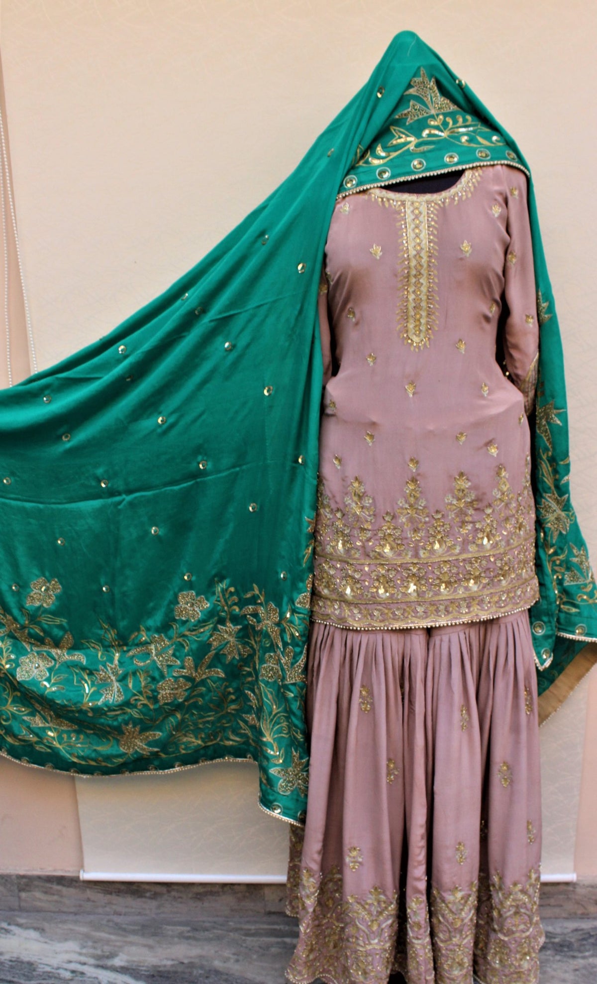 Mouse Colour Garara Suit With Green Chinon Chiffon Dupatta