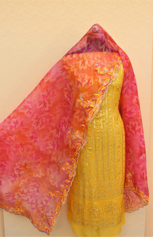 Yellow Full Suit With Pink Organza Tie Dye Dupatta
