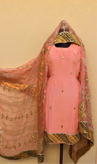 Peach Pink Full Suit With Organza Dupatta