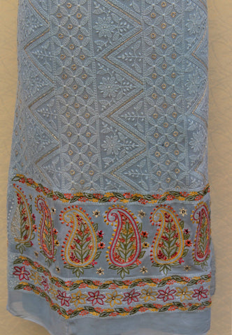 Blueish Gray Full Suit With Tabbi Silk Tie Dye Dupatta