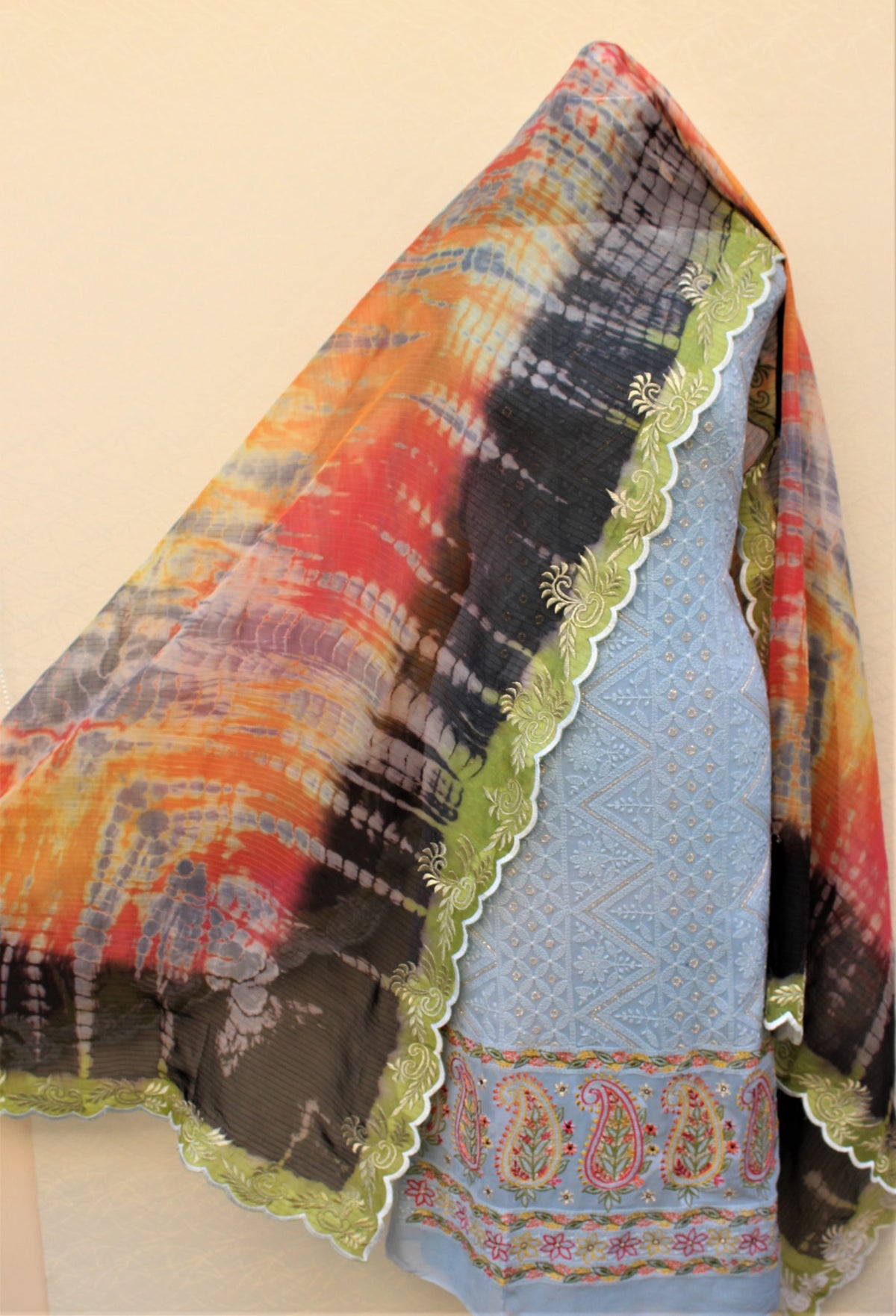 Blueish Gray Full Suit With Tabbi Silk Tie Dye Dupatta