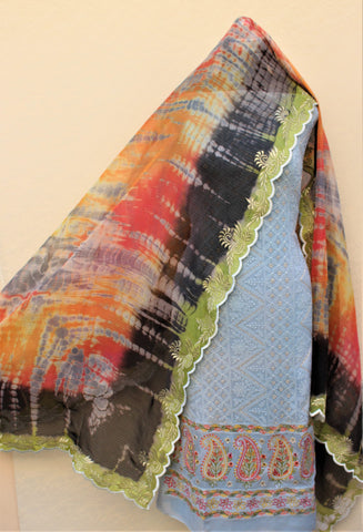Blueish Gray Full Suit With Tabbi Silk Tie Dye Dupatta