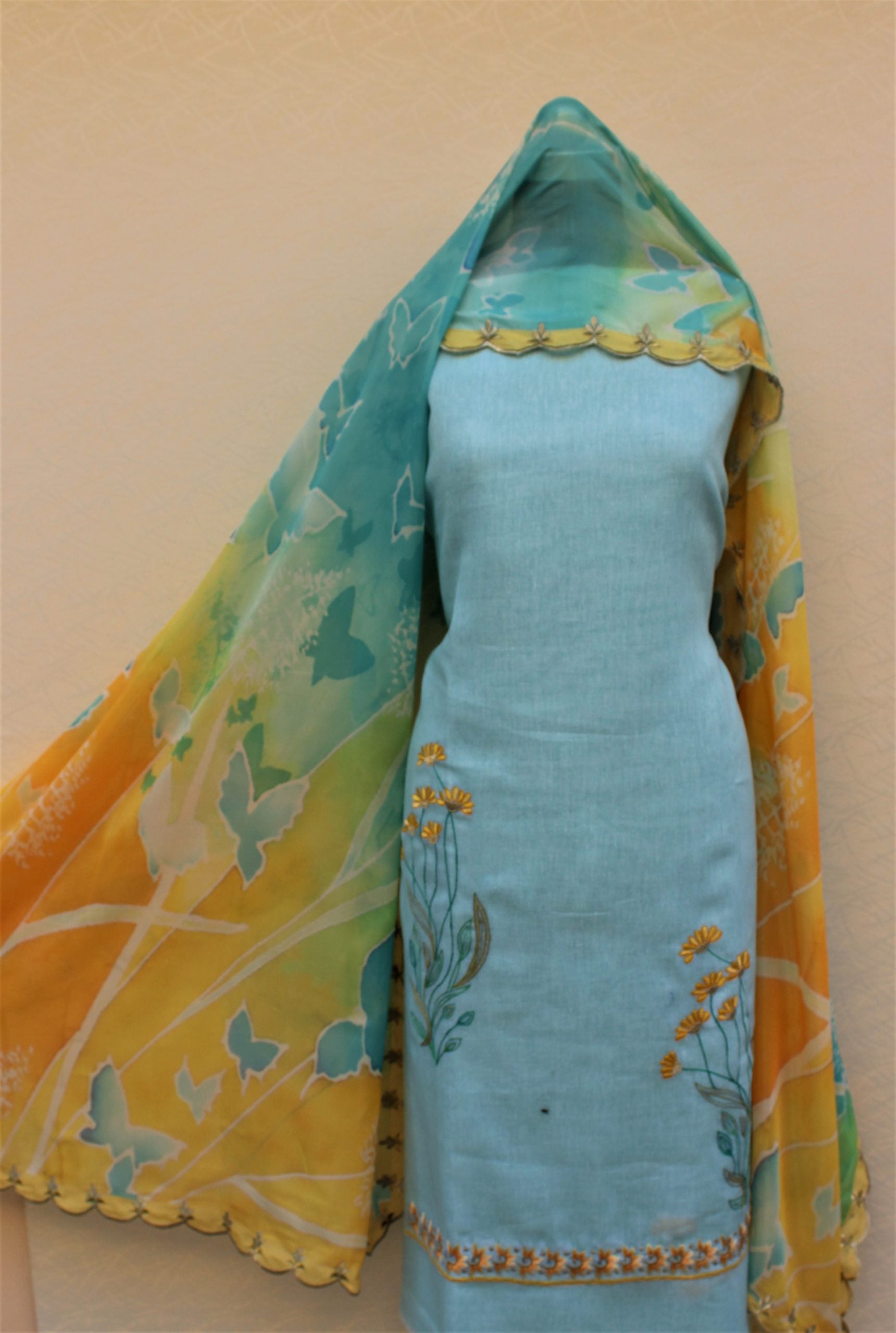 Light Sky Full Suit With Tabbi Silk Printed Dupatta