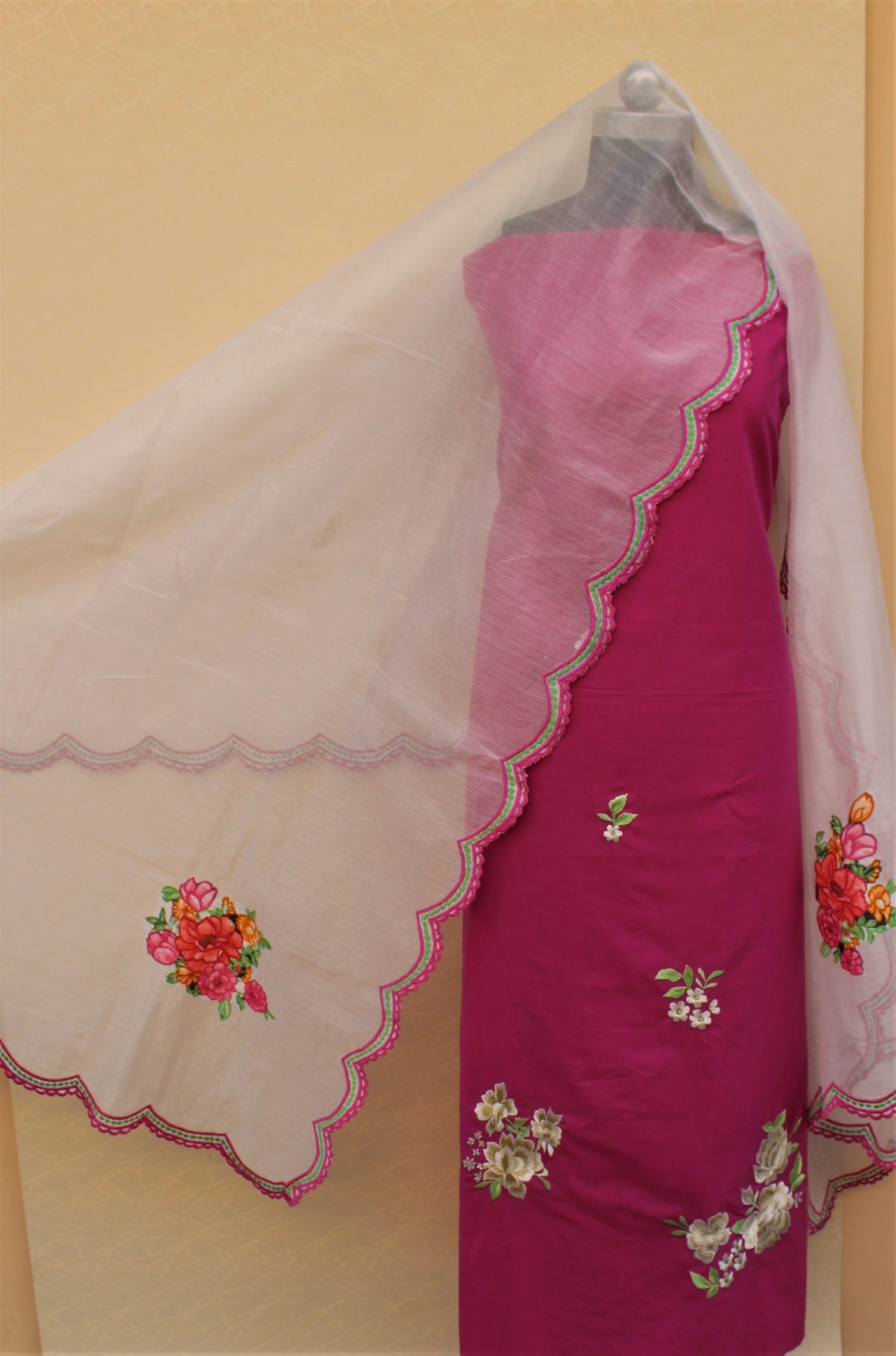 Purplish Pink Full Suit With White Chanderi Kota Dupatta