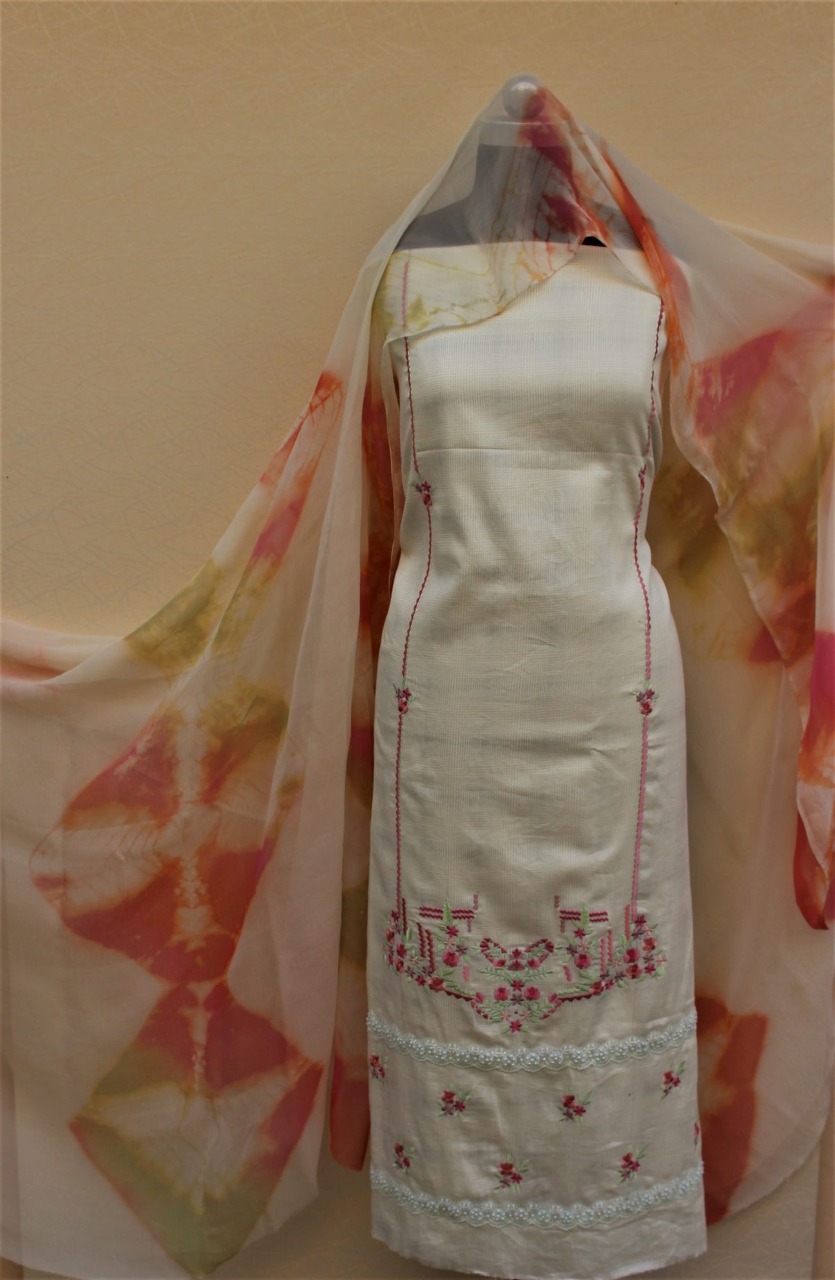 Cream Full Suit With Pure Chiffon Tie Dye Dupatta
