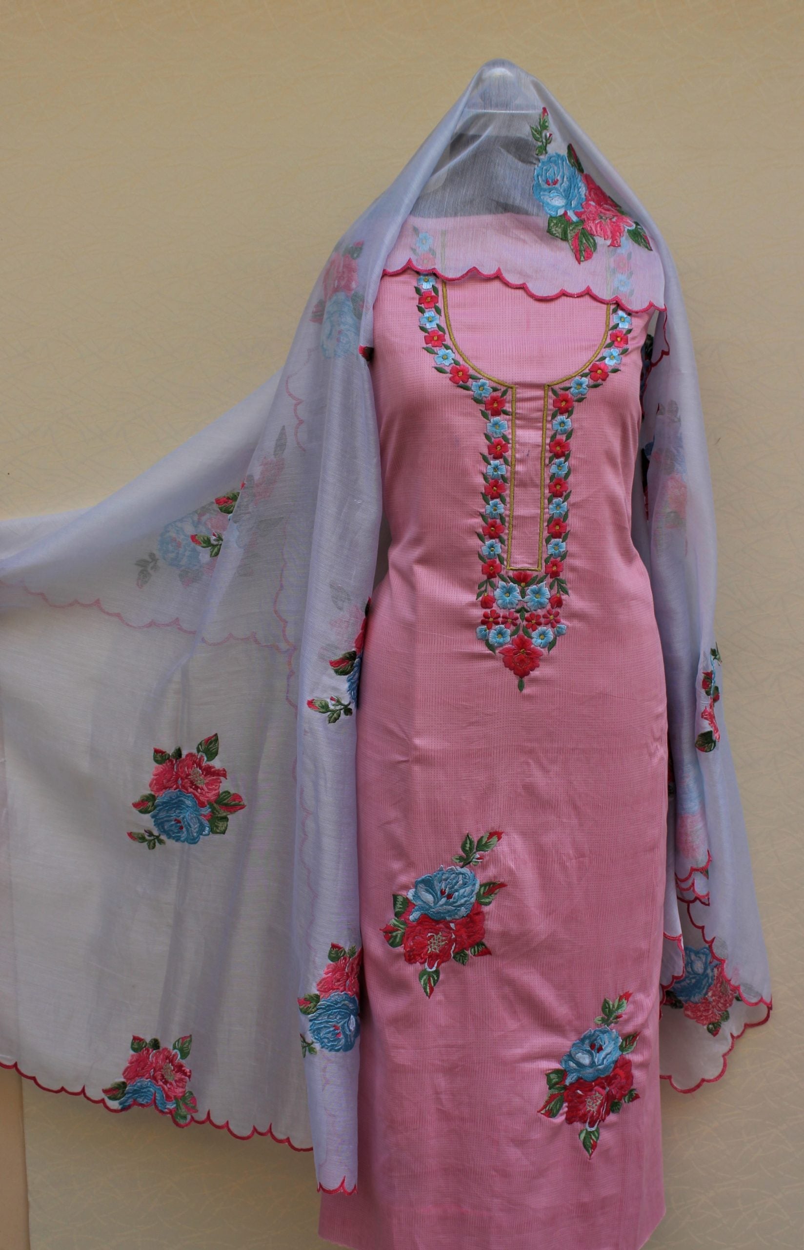 Light Pink Full Suit With Blueish Greay Dupatta