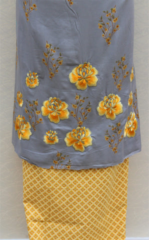 Greay and Mustard Full Suit With Pure Chiffon Tie Dye Dupatta