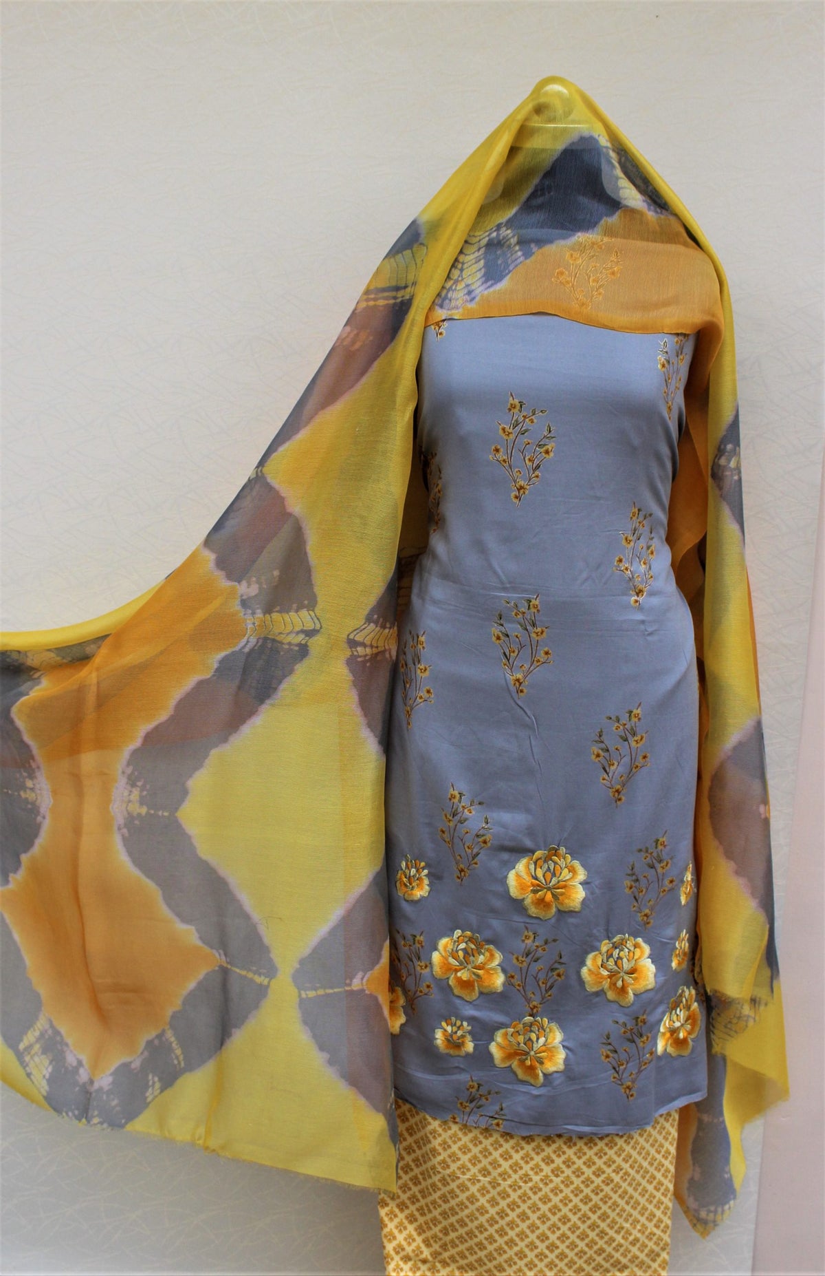 Greay and Mustard Full Suit With Pure Chiffon Tie Dye Dupatta