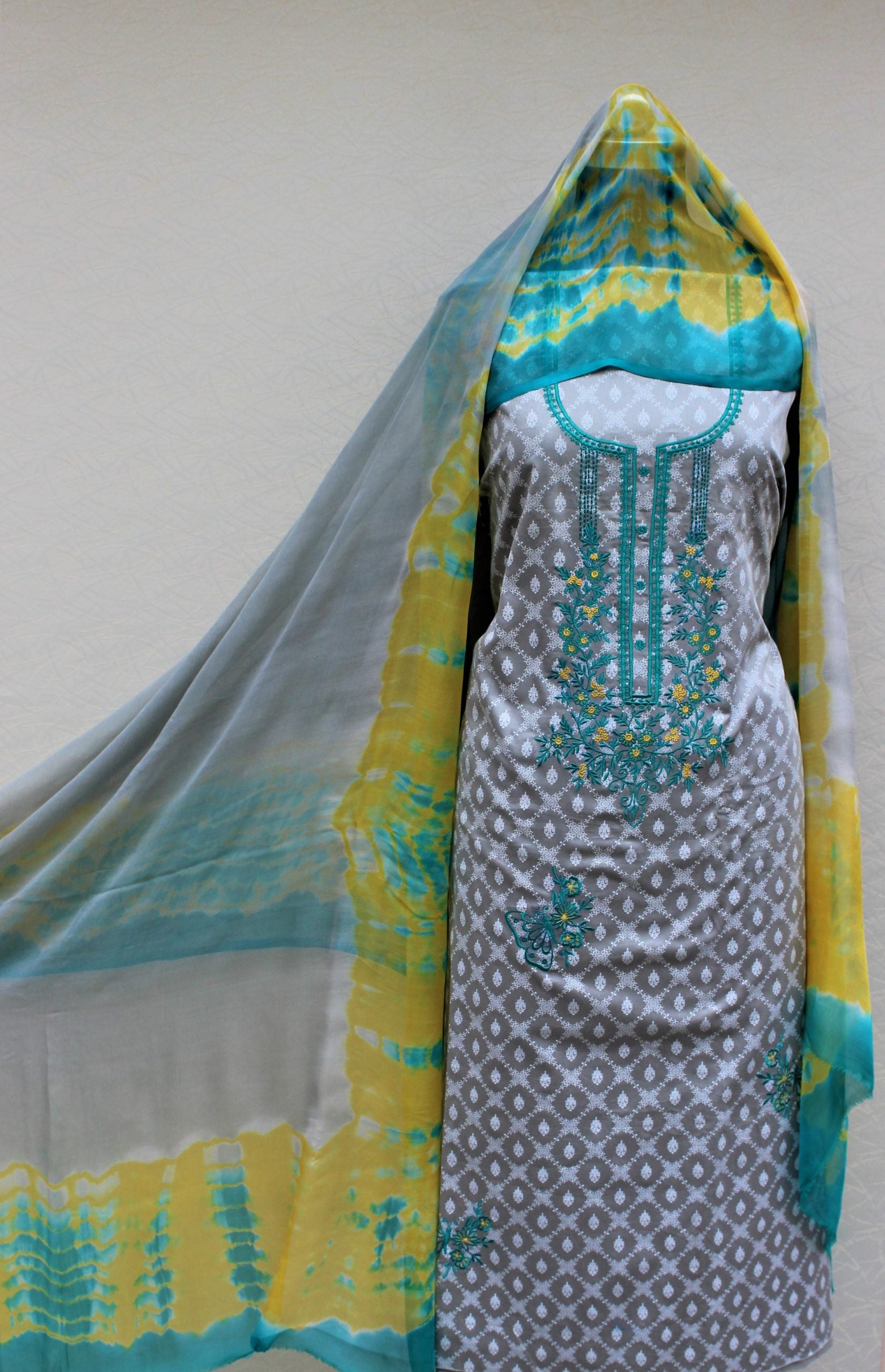 Greay Full Suit With Pure Chiffon Tie Dye Dupatta