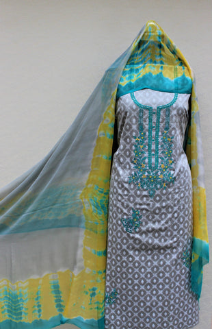 Greay Full Suit With Pure Chiffon Tie Dye Dupatta
