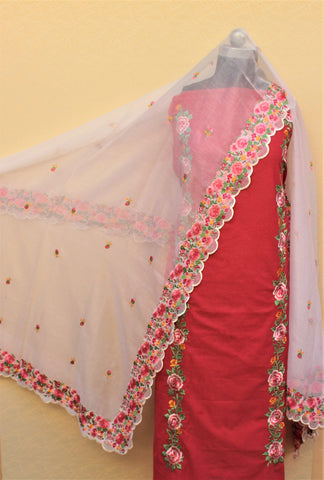 Redish Gajari Full Suit With White Dupatta