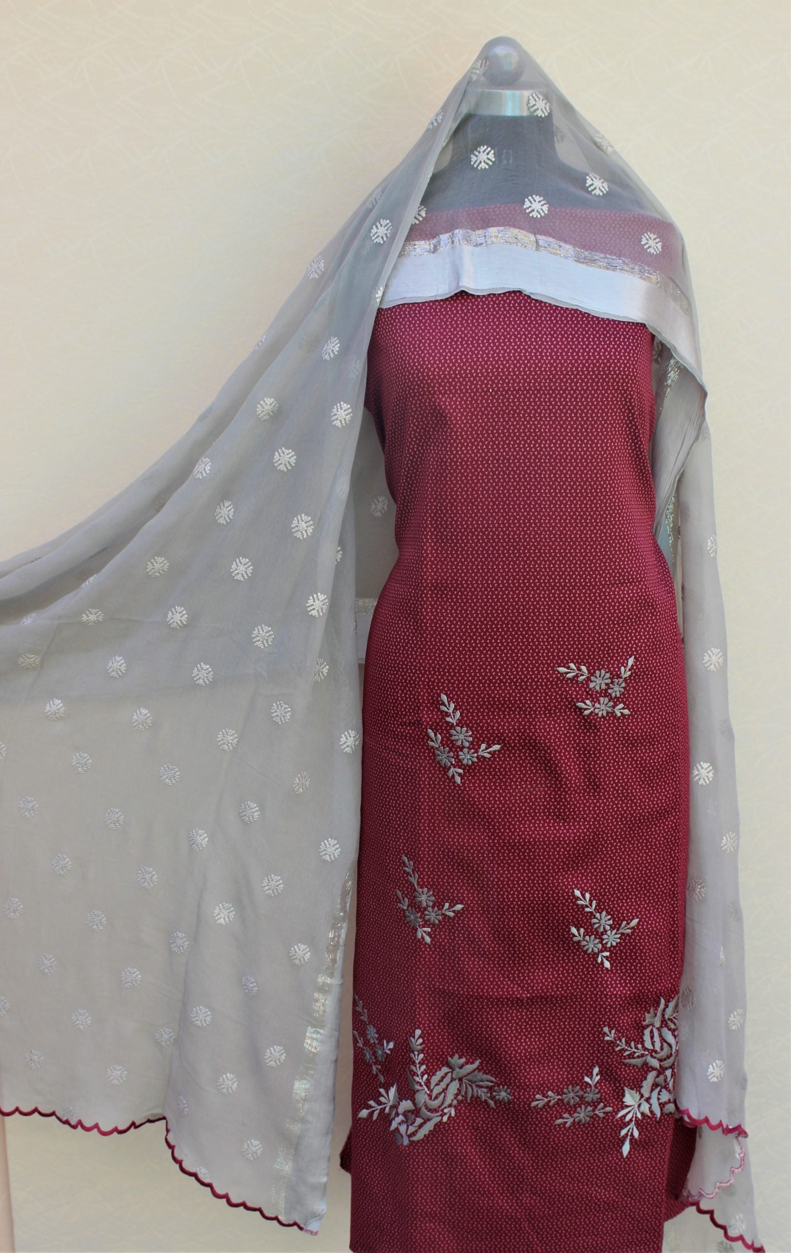 Marron Full Suit With Greay Dupatta
