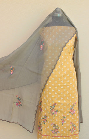 Light Yellow Full Suit With Greay Dupatta