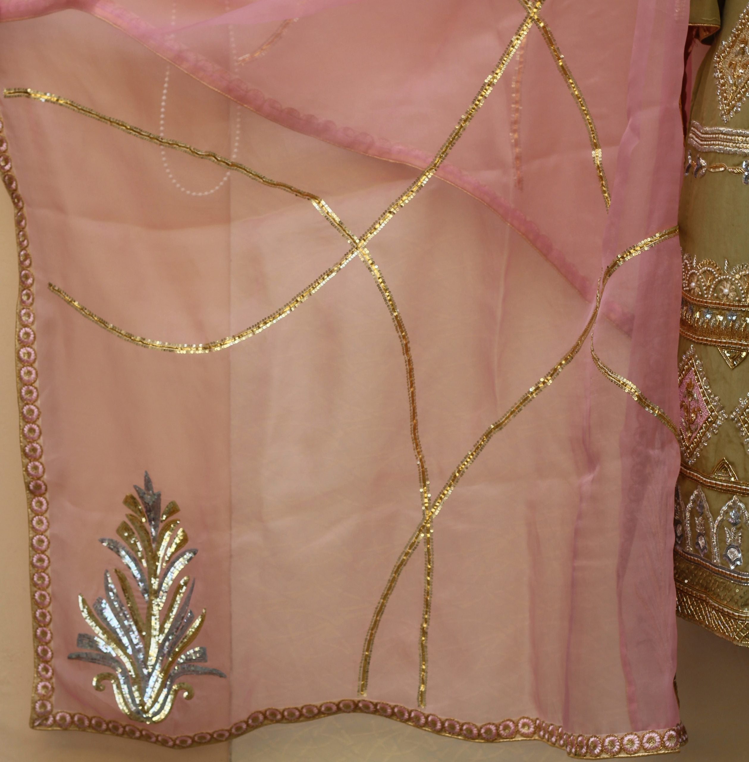 Mehndi Green Full Suit With Pink Organza Dupatta