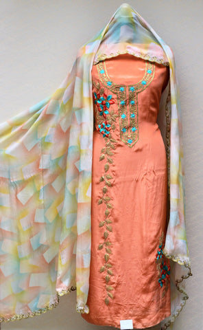 Peach Full Suit With Chinon Chiffon Tie Dye Dupatta