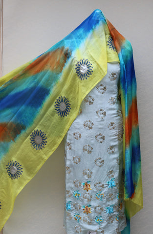 Greay Full Suit With Tabbi Silk Tie Dye Dupatta