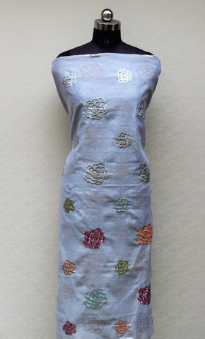 Blueish Gray Full Suit With Self Organza Tie Dye Dupatta