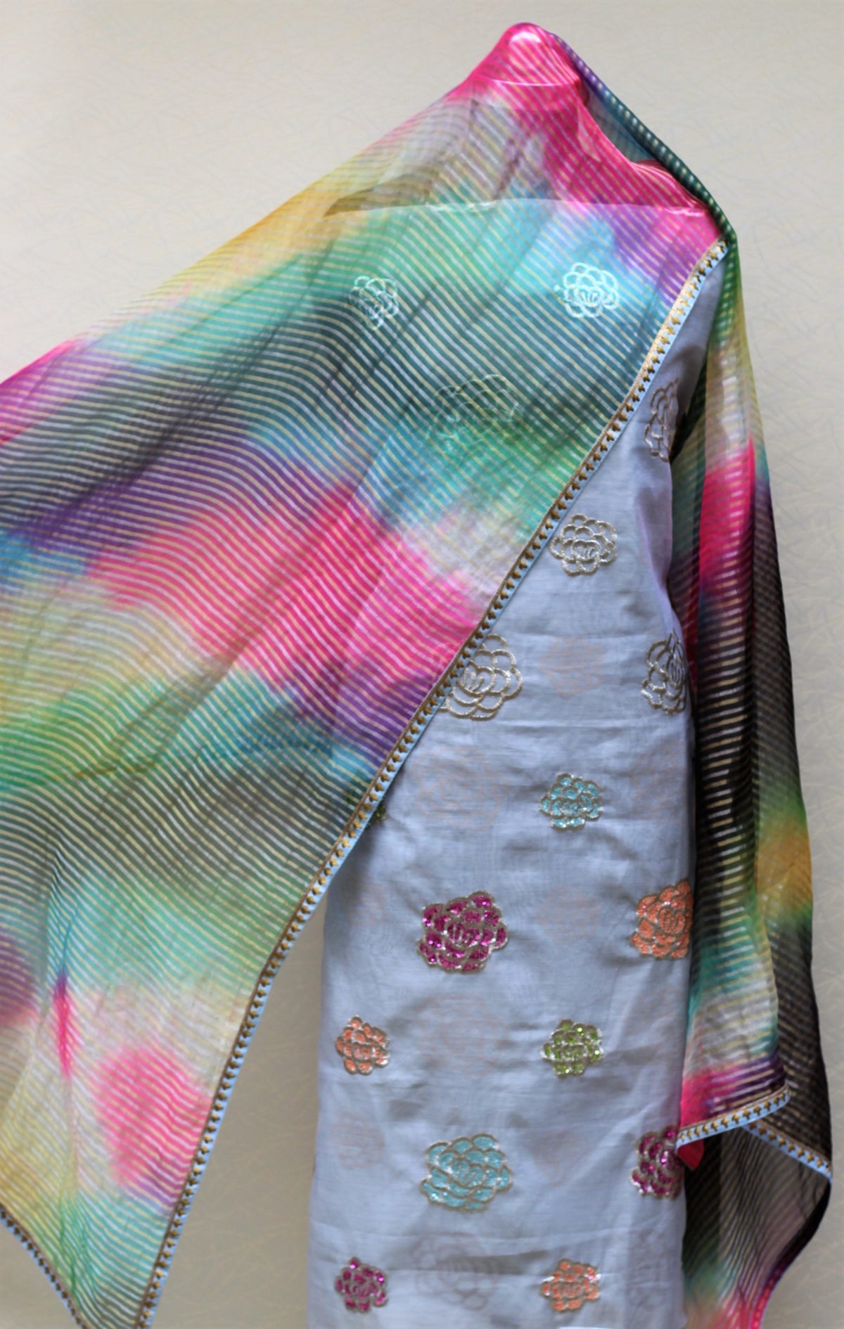 Blueish Gray Full Suit With Self Organza Tie Dye Dupatta