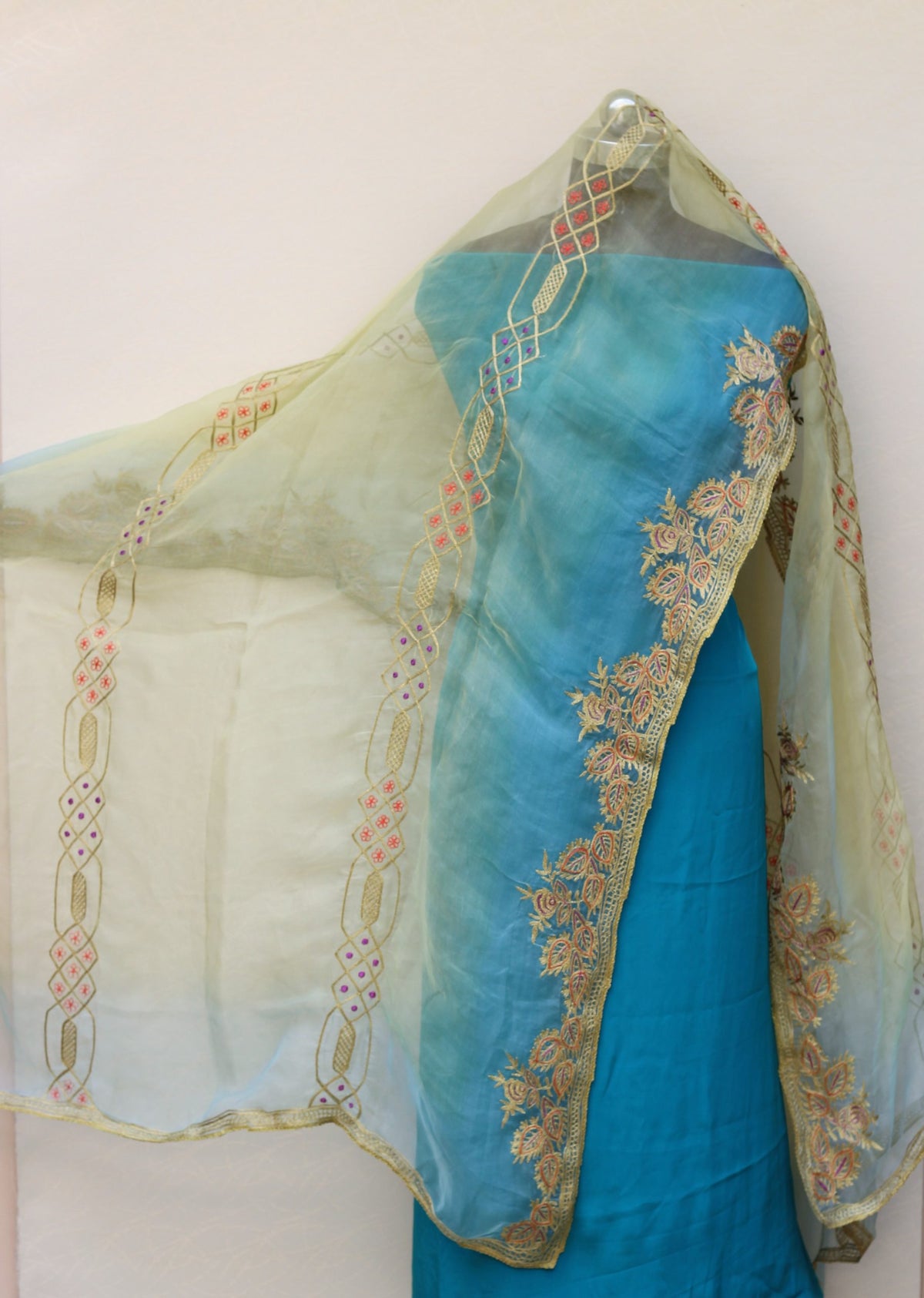 Lemon Green and Firoji Organza Dupatta