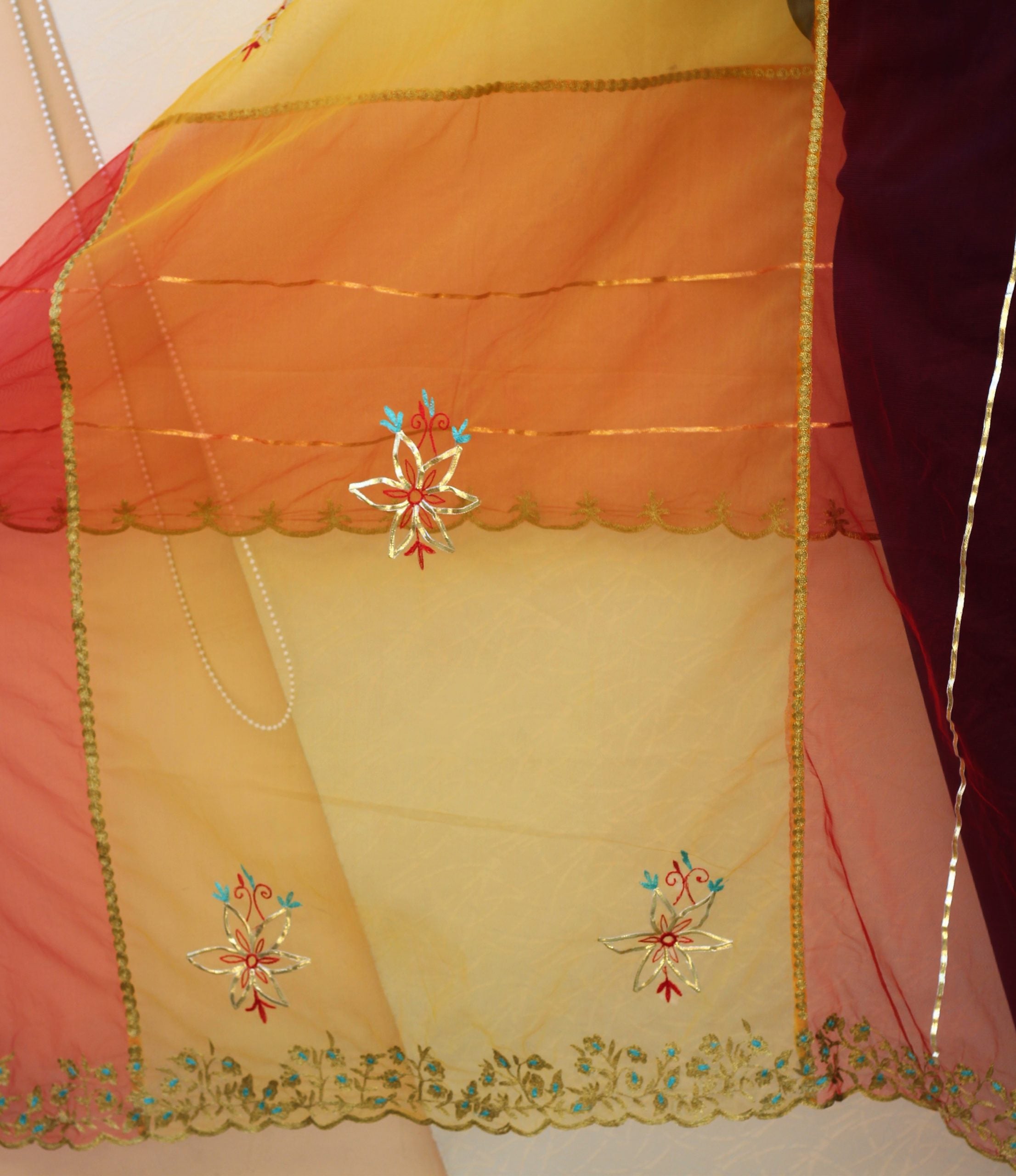 Yellow and Red Double Colour Net Dupatta