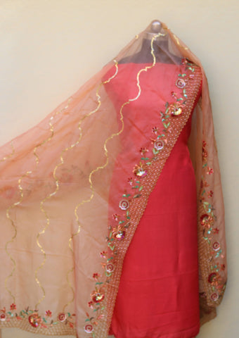 Peach Organza Hand Work Dupatta
