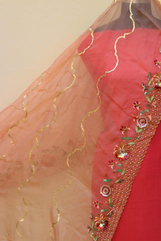 Peach Organza Hand Work Dupatta