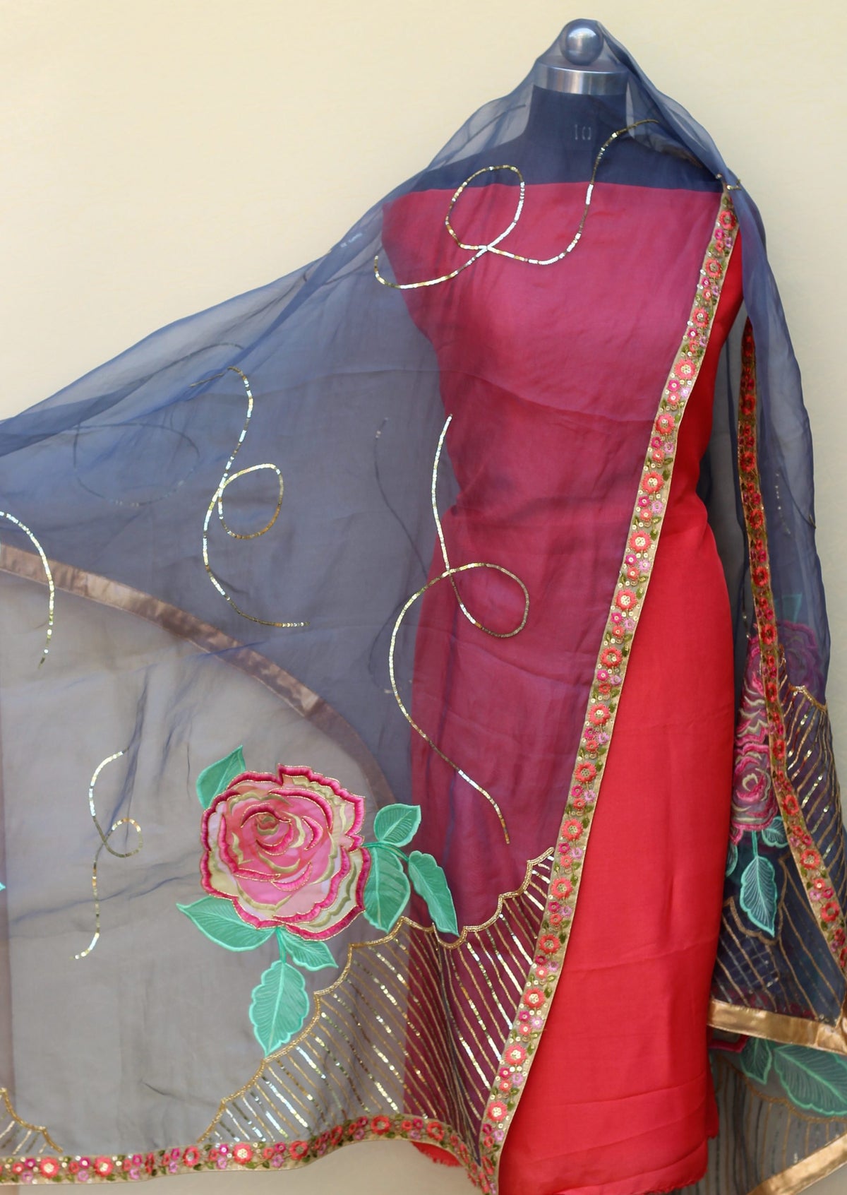 Dark Blue Gray Organza Dupatta