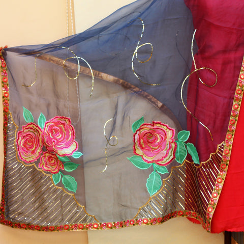 Dark Blue Gray Organza Dupatta