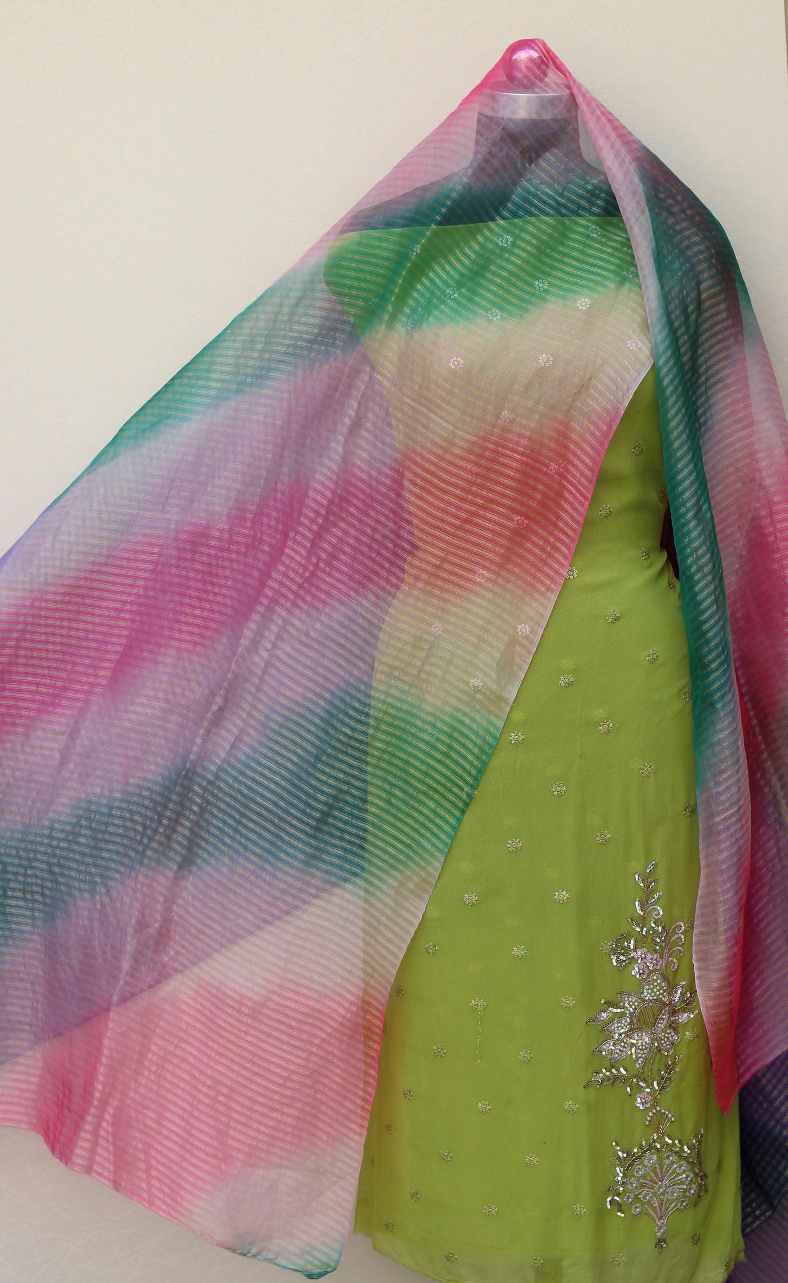 Parrot Green Full Suit With Tissue Organza Tie Dye Dupatta